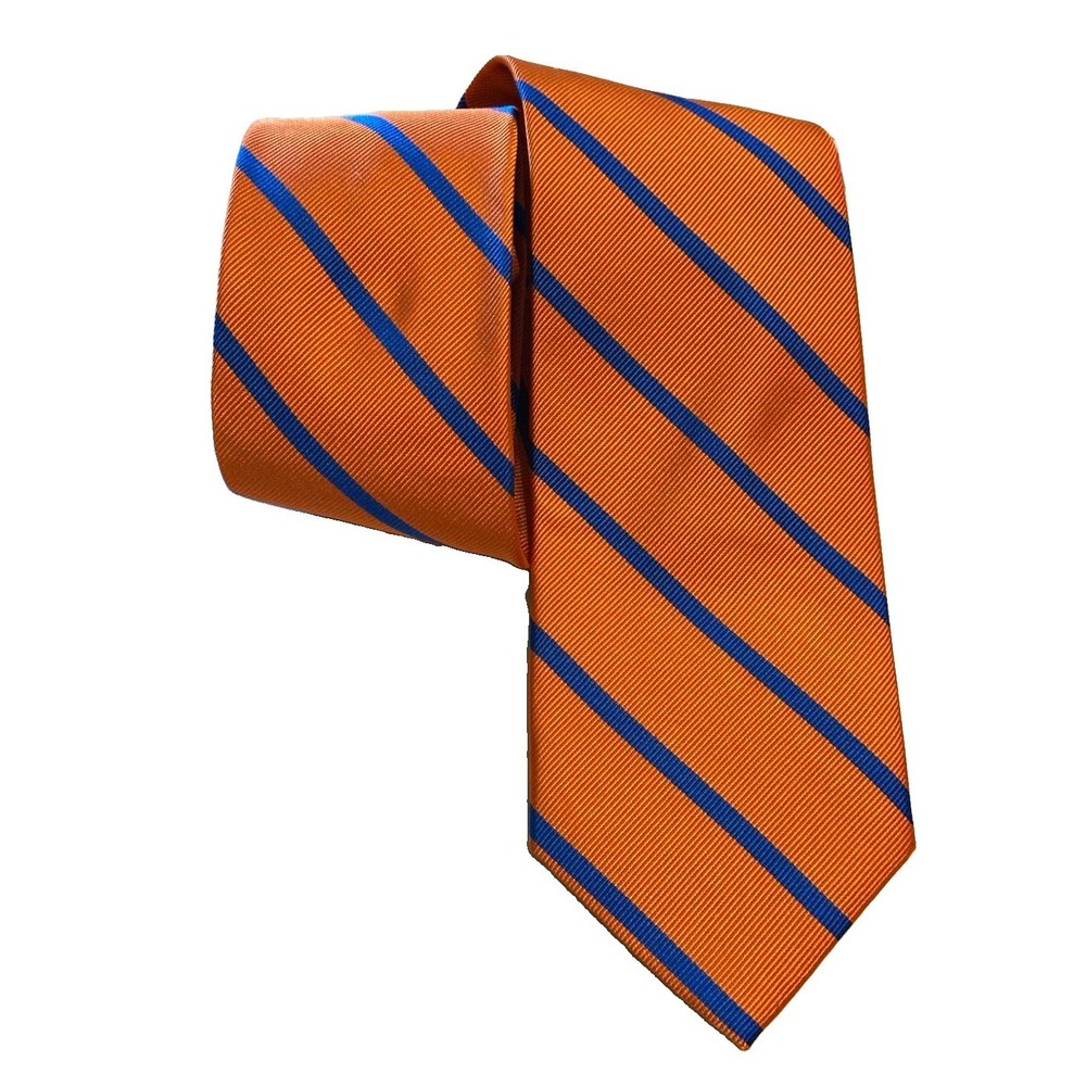 Chaps Mens Necktie 100% Silk Orange Blue Diagonal Striped Classic Preppy Tie